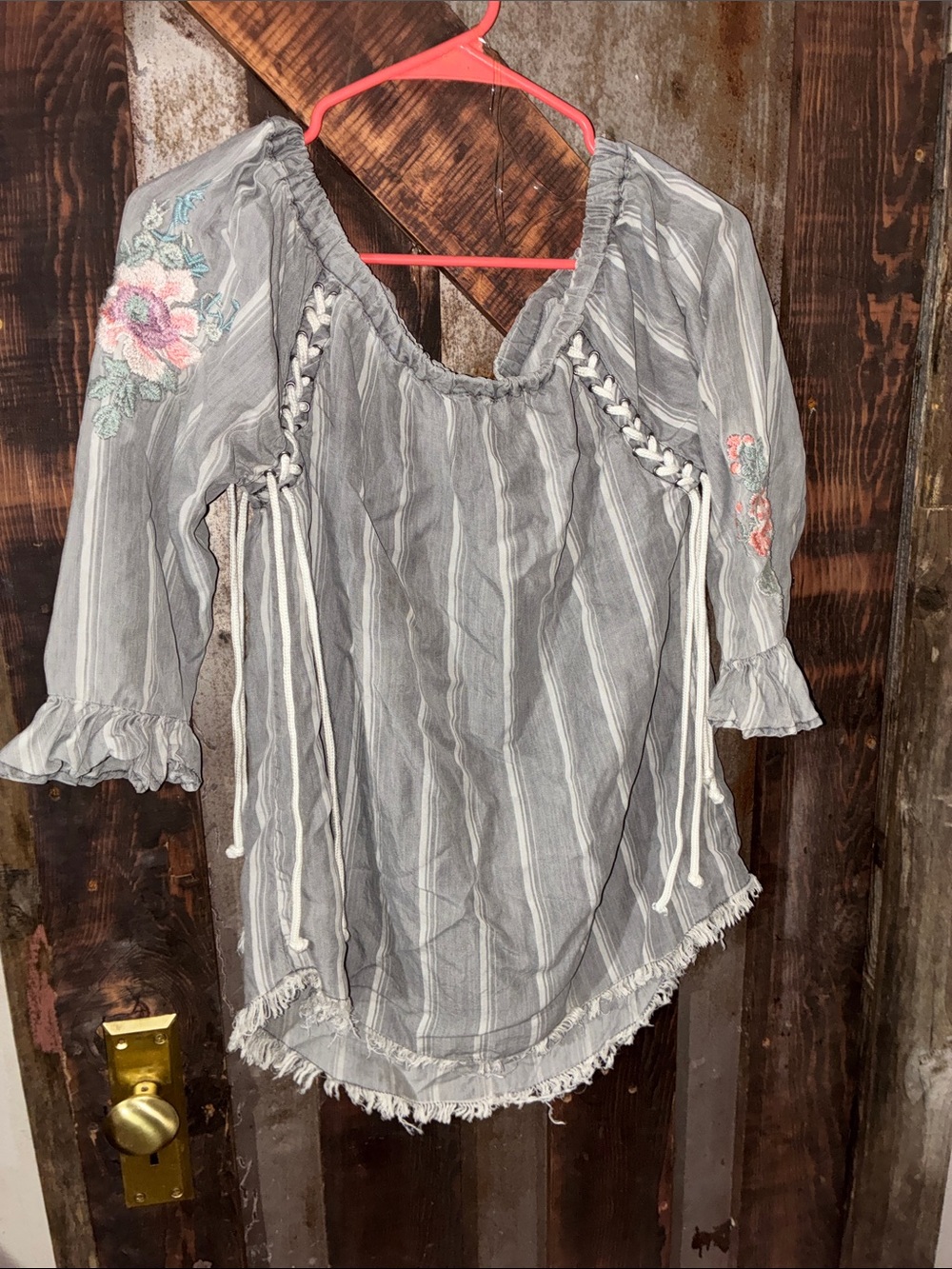 Embroidered Gray Striped Peasant Blouse with Lace-Up Sides